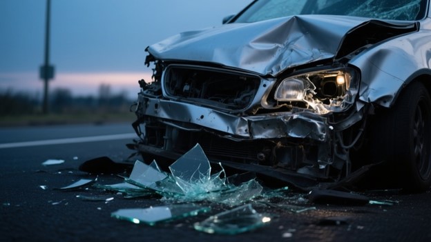 передняя часть автомобиля с сильными повреждениями после ДТП